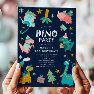Schattige Winter Kerstmis Dino Kinderen Verjaardag Kaart