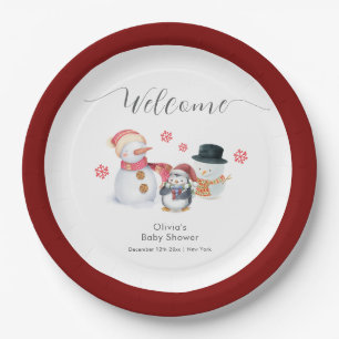 Schattige Winter Pinguïn Sneeuwman Baby Shower Wel Papieren Bordje