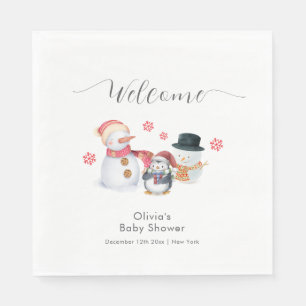 Schattige Winter Pinguïn Sneeuwman Baby Shower Wel Servet