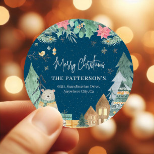 Schattige Winter Scandinavische Kerst Retouradres Ronde Sticker