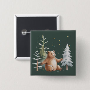 Schattige Winter Sneeuwbeer Whimsical Woodland Win Vierkante Button 5,1 Cm