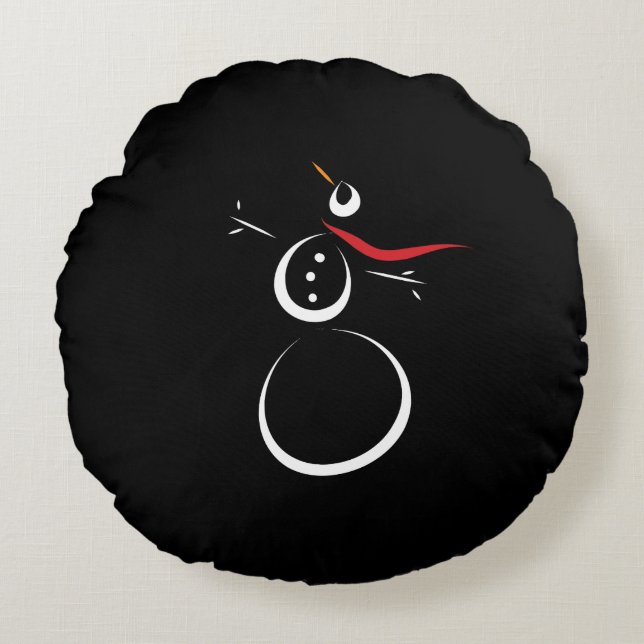 Schattige Winter Sneeuwman Zwart Rond Kussen (Voorkant)