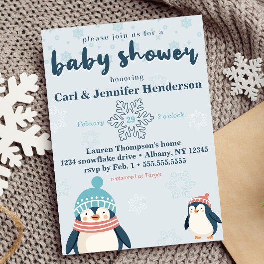Schattige Winter Snowy Penguin Baby shower Kaart