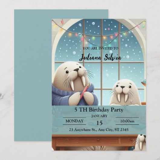 Schattige Winter Walrus Verjaardagsfeestuitnodigin Kaart (Voorkant / Achterkant)