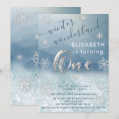 Schattige Winter Wonderland Glitter Eerste Verjaar Kaart (Voorkant / Achterkant)