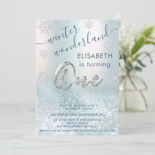 Schattige Winter Wonderland Glitter Eerste Verjaar Kaart (Staand voorkant)