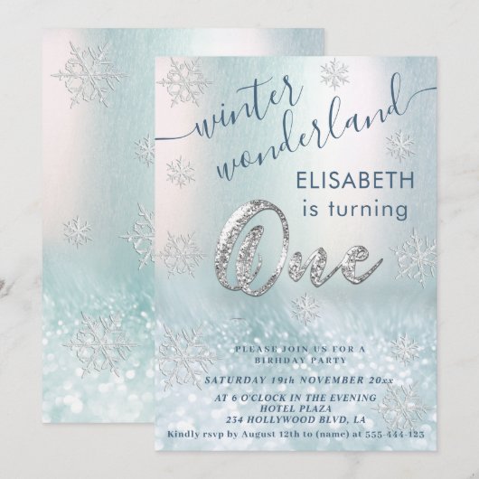 Schattige Winter Wonderland Glitter Eerste Verjaar Kaart (Voorkant / Achterkant)