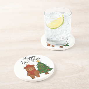 Schattige Winterbeer met Kerstboom Gelukkig Nieuwj Zandsteen Onderzetter