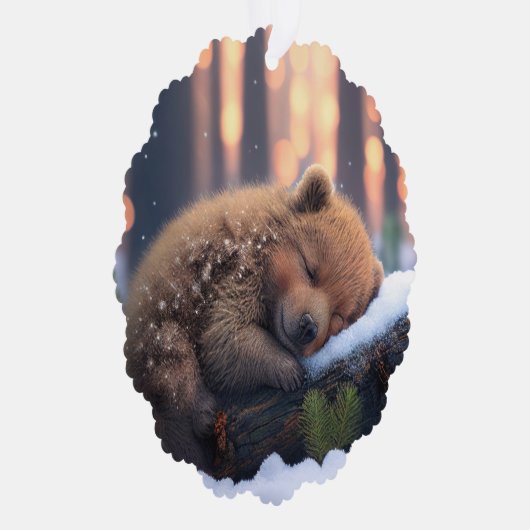 Schattige winterbruin Beer slapen op een log Ornament Kaart (Rechts)