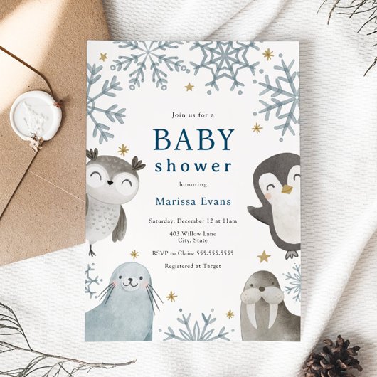 Schattige winterdieren Baby shower uitnodiging
