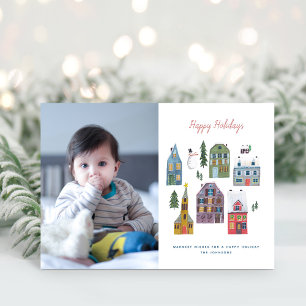 Schattige Winterhuis Dorp Scène Foto Kerstmis Feestdagenkaart