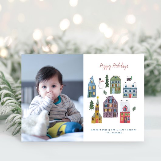 Schattige Winterhuis Dorp Scène Foto Kerstmis Feestdagenkaart