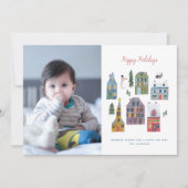 Schattige Winterhuis Dorp Scène Foto Kerstmis Feestdagenkaart (Voorkant)