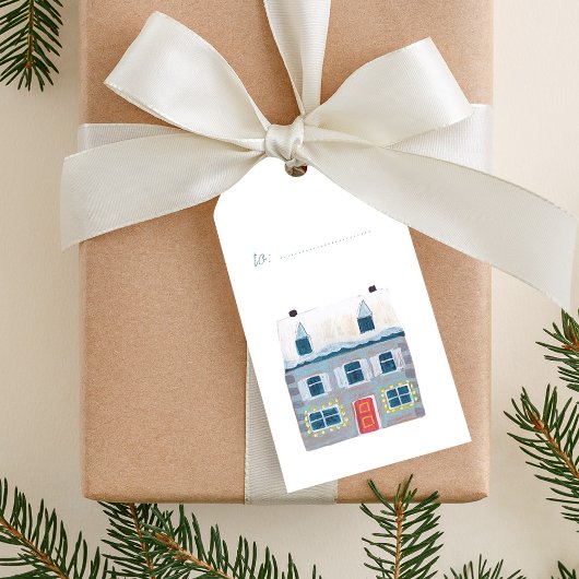 Schattige winterhuis dorp scène kerst cadeaulabel