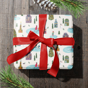 Schattige winterhuis dorp scène kerst cadeaupapier