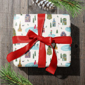 Schattige winterhuis dorp scène kerst cadeaupapier