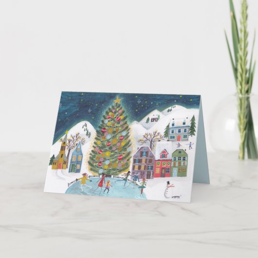 Schattige winterhuis dorp scène kerst feestdagen kaart (Voorkant)