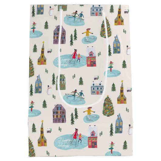 Schattige winterhuis dorp scène kerst medium cadeauzakje (Achterkant)