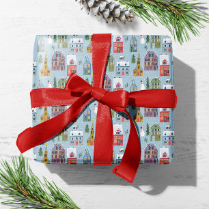 Schattige Winterhuis Dorp Scène Kerstpatroon Cadeaupapier