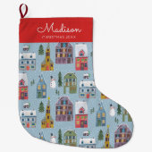 Schattige Winterhuis Dorp Scène Kerstpatroon Grote Kerstsok (Voorkant)