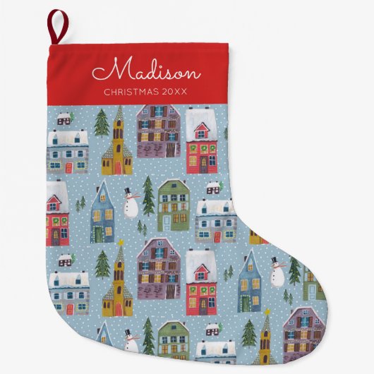 Schattige Winterhuis Dorp Scène Kerstpatroon Grote Kerstsok (Voorkant)