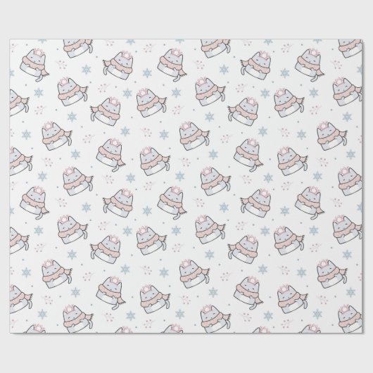 Schattige winterkattenpatroon met sjaals en sneeuw cadeaupapier (Vlak)