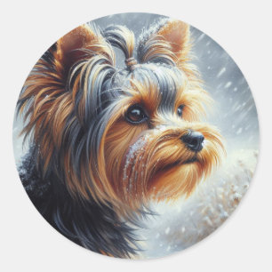 Schattige winterlandschap van de Yorkshire Terrier Ronde Sticker