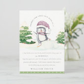 Schattige Winterpinguïn Groene Kinderen Verjaardag Bedankkaart (Staand voorkant)