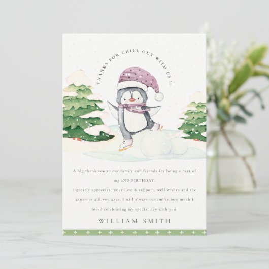 Schattige Winterpinguïn Groene Kinderen Verjaardag Bedankkaart (Staand voorkant)