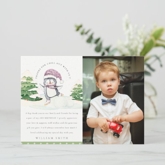 Schattige Winterpinguin Kinder Foto Elke Leeftijd  Bedankkaart (Staand voorkant)