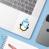 Schattige Winterpinguïn Sticker (Laptop met iPhone)