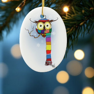 Schattige Winteruil Regenboog Sjaal Muts Whimsical Keramisch Ornament