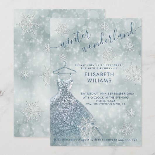 Schattige winterwonderland bokeh lief 16 invitat kaart (Voorkant / Achterkant)