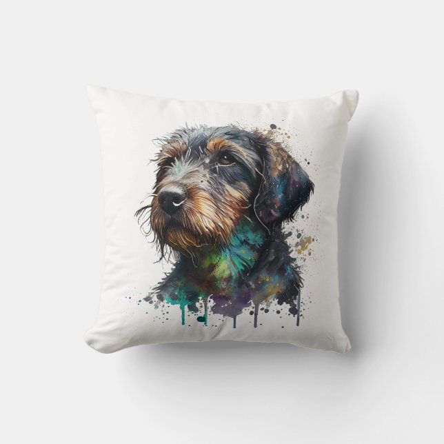Schattige Wirehaire Dachshund Puppy Waterverf Art Kussen (Voorkant)