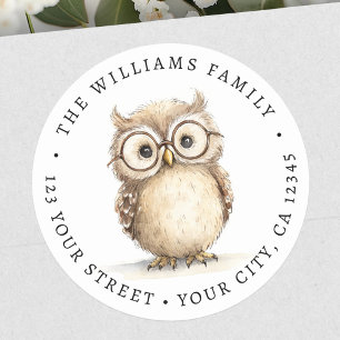 Schattige wise owl waterverf retouradres ronde sticker