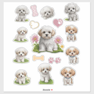 Schattige Wit en Tan Puppies Bloemen Harten Sticker