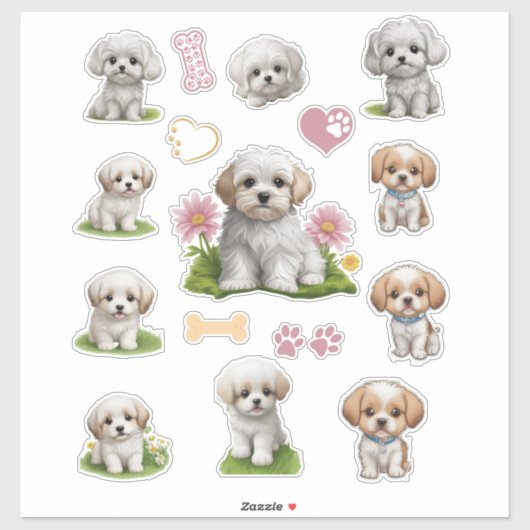Schattige Wit en Tan Puppies Bloemen Harten Sticker (Vel)