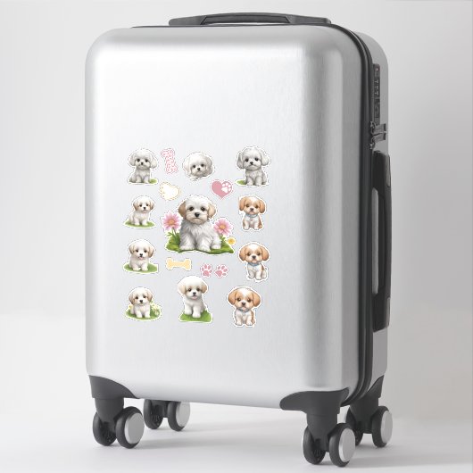 Schattige Wit en Tan Puppies Bloemen Harten Sticker (Koffer)
