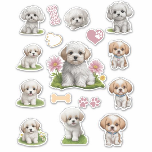 Schattige Wit en Tan Puppies Bloemen Harten Sticker (Voorkant)