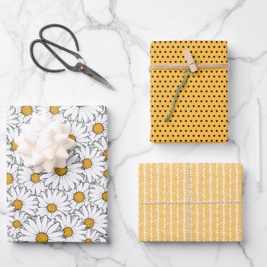 Schattige Wit Geel Daisies Floral Art Pattern Inpakpapier Vel (Voorkant)