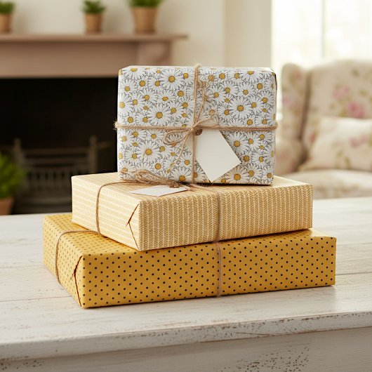 Schattige Wit Geel Daisies Floral Art Pattern Inpakpapier Vel