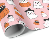 Schattige wit geesten patroon roze halloween cadeaupapier (Rol Hoek)