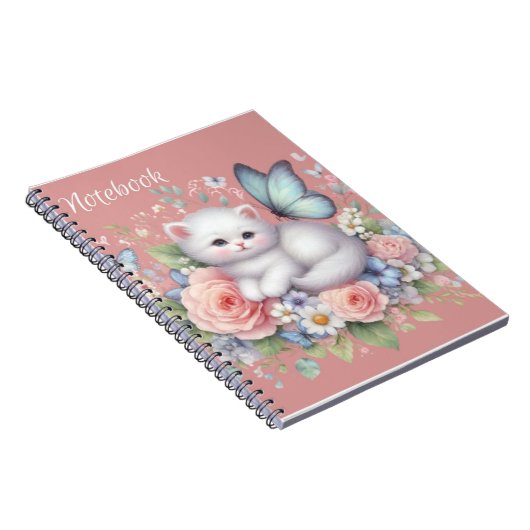 Schattige wit Kat, vlinders en bloemen Notitieboek (Rechterzijde)