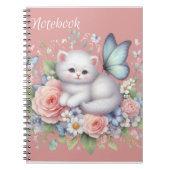 Schattige wit Kat, vlinders en bloemen Notitieboek (Voorkant)