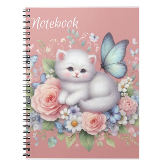 Schattige wit Kat, vlinders en bloemen Notitieboek (Voorkant)