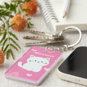 Schattige wit kattenontwerp met roze hartenvorm sleutelhanger (Voorkant Rechts)