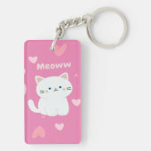 Schattige wit kattenontwerp met roze hartenvorm sleutelhanger (achterkant)