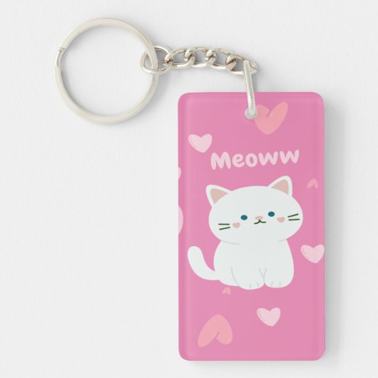 Schattige wit kattenontwerp met roze hartenvorm sleutelhanger (Voorkant)