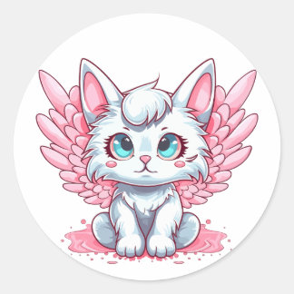 Schattige wit kawaii kitten met roze vleugels ronde sticker