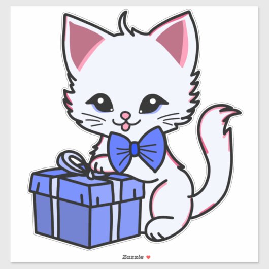 Schattige wit kitten met blauw cadeau sticker (Vel)